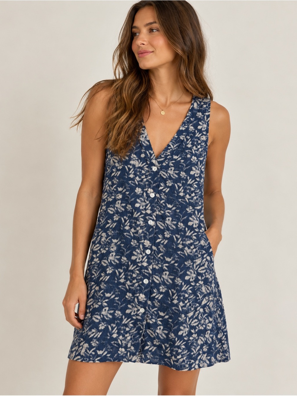 Faherty 100% Linen Floral Button Front Mini Dress Blue Size L